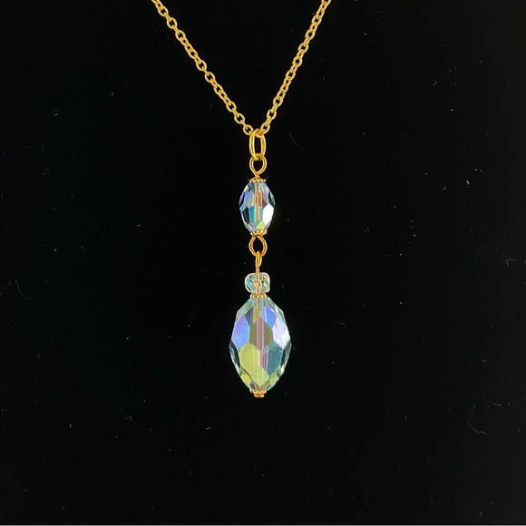 Artisan Jewelry - Aurora Borealis Crystals Pendant Necklace, Handmade, Aqua Blue, Vintage Crystals